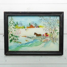Miniature Naive Folk Art Winter Landscape Watercolor Ink Painting Horse Cart
