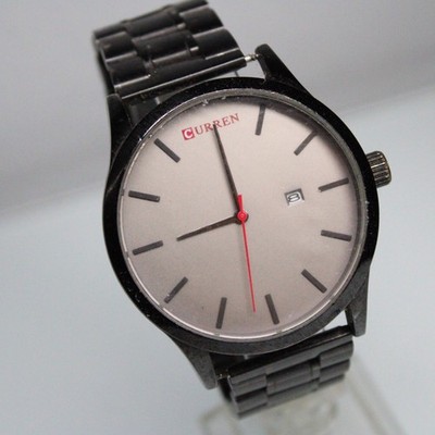 Curren Men's Watch Black Metal Bracelet Gray Dial Date Red Second Hand Analog  C