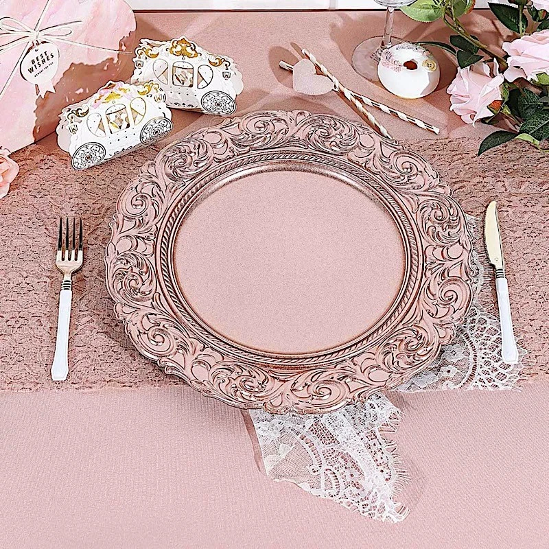 6 Platos Cargador Metálicos Barrocos Redondos ORO ROSA 14" Suministros Decoraciones Fiesta Foto 4 de 4