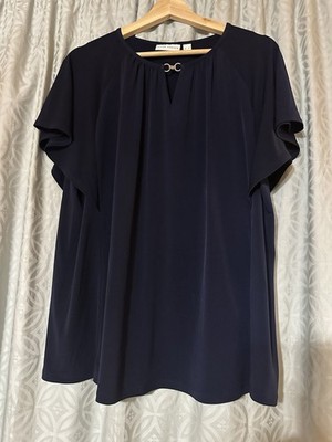 Susan Graver Women s XL Liquid Knit Navy Blue Silver Hardware Blouse Top Flutter