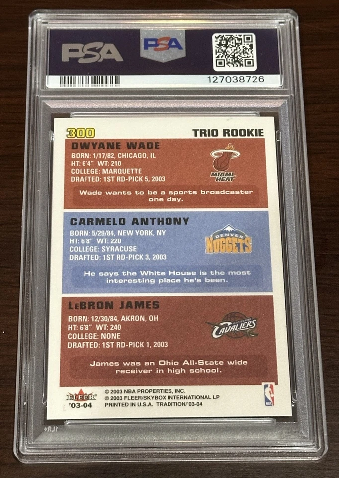 2003 Fleer Tradition LeBron James/Carmelo Anthony/Dwyane Wade Rookie Trio PSA 10 - Image 2 of 2