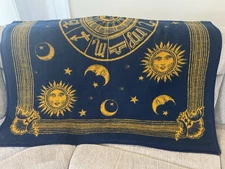 Vtg Biederlack Celestial Blanket Sun Moon Stars Astrology 52x75” Blue and Yellow