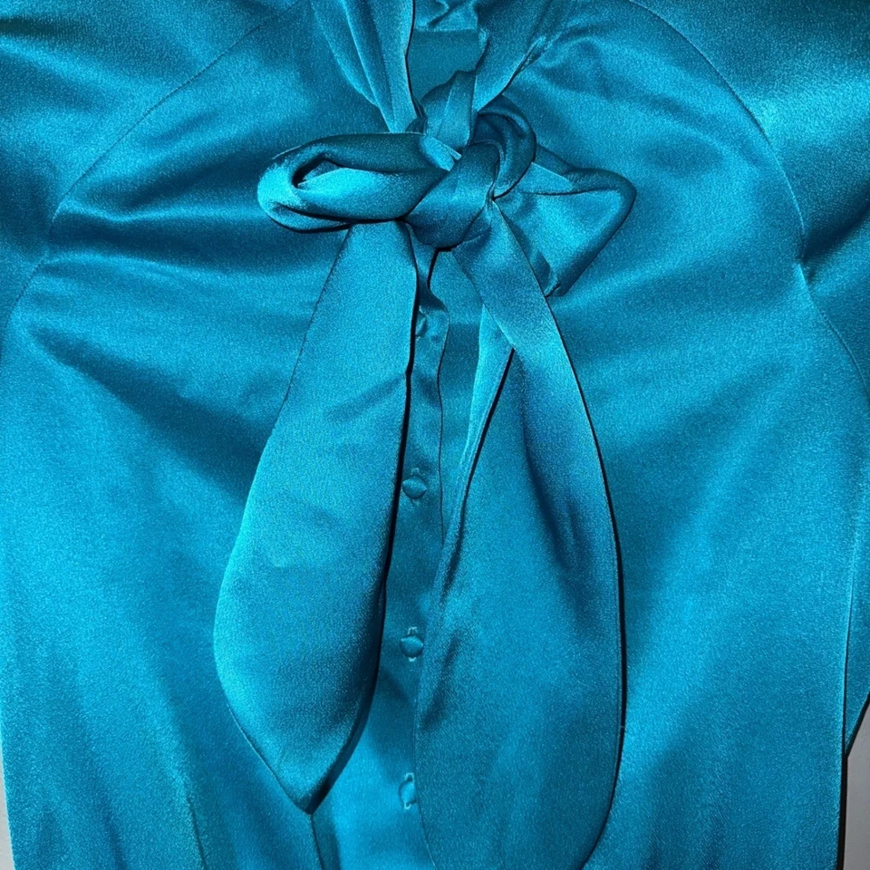 Blusa de seda Y2K años 90 Top 4 lazo satinado azul años 90 dinero antiguo silenciosa lujo ajustada Foto 2 de 4