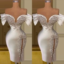 Luxury Satin Wedding Dresses Off The Shoulder Side Slit Pearls Short Bridal Gown