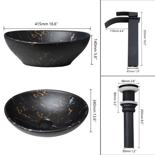 US Bathroom Vessel Sink Oval Ceramic Black Waterfall Deck Mount Mixer Basin Taps - Picture 14 of 15