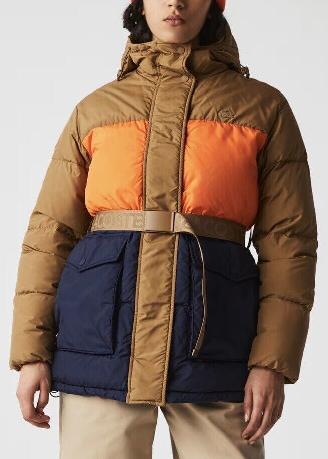 Lacoste Women's Hooded Belted Colorblock Quilted Jacket- Sz Lacoste Women's Hooded Belted Colorblock Quilted Jacket- Sz