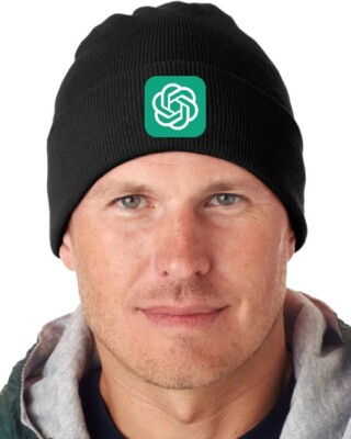 ChatGPT Chat GPT OpenAI AILogo Design on Hat Solid 12  Cuffed Knit Black Beanie