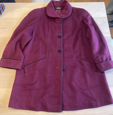 VTG Alorna Womens Super Fina Wool Coat Burgundy Black Velvet Trim USA