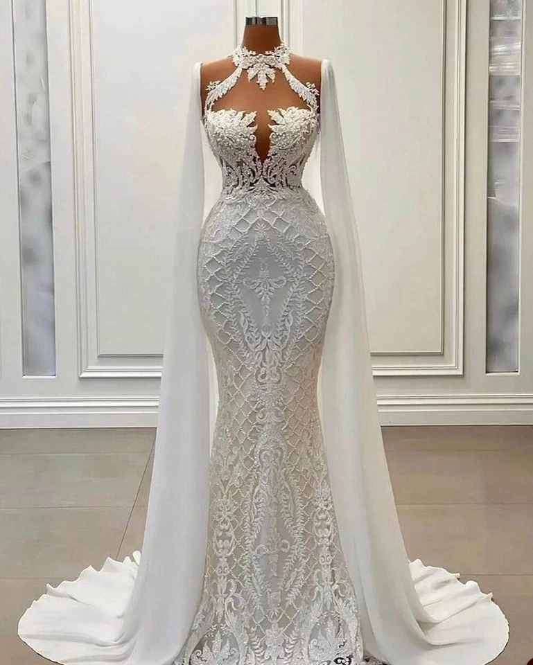 Weiß Perlenapplikation Spitze Brautkleid Mit Wickelärmel Hoher Hals Meerjungfrau - Bild 2 von 4