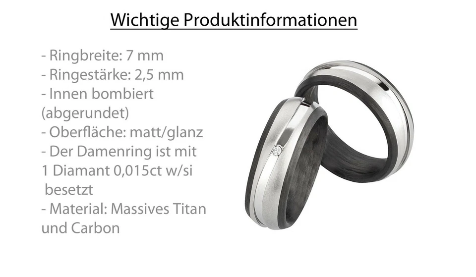 Trauringe Titan Carbon Diamant - Partnerringe Eheringe Verlobungsringe + Gravur - Bild 2 von 4