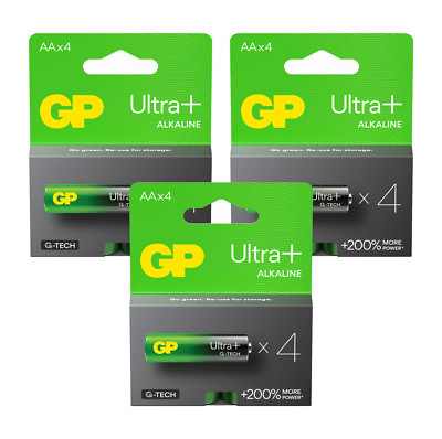 12 GP Ultra+ Alkaline AA Batteries G-Tech LR6 1.5V No Mercury 4BL Pack EXP 2033