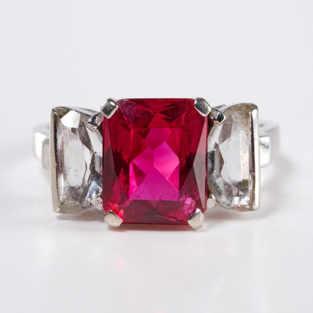 Shiman Esemco Art Deco Retro Style Pink Gemstone 14k White Gold Estate Ring 
