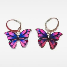 Purple & Blue Enamel Butterfly Dangle Earrings Leverback Closure No Stone
