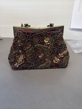 Beaded Sequin Flower Ornate Evening Handbag Purse Brown Detachable Chain Bt34