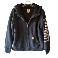 Carhartt Full Zip Spellout Hoodie Womens Medium Navy Rain Defender Gorp Rugged