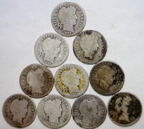1897 - 1912 Barber SILVER Dime Coins = ALL Different Date 10 Coin LOT  NEAR MELT