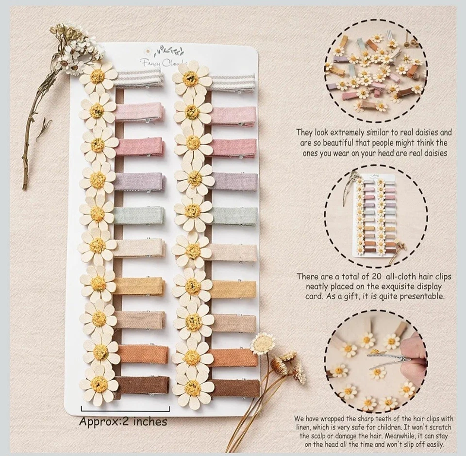 Заколки для волос для девочек женщин ясельного возраста BabyAssorted 20шт цветок ромашки ткани полный... - Изображение 4 из 4