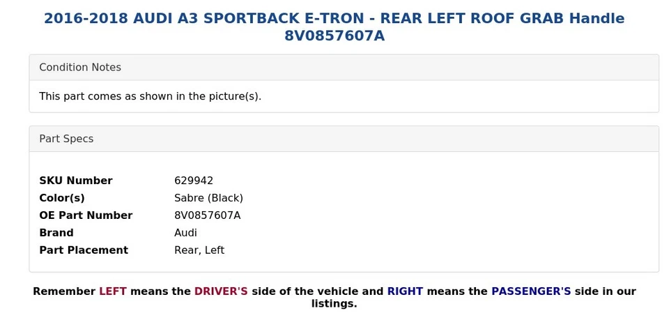 AUDI A3 SPORTBACK E-TRON 2016-2018 - Manija de agarre de techo trasero izquierdo 8V0857607A Foto 4 de 4