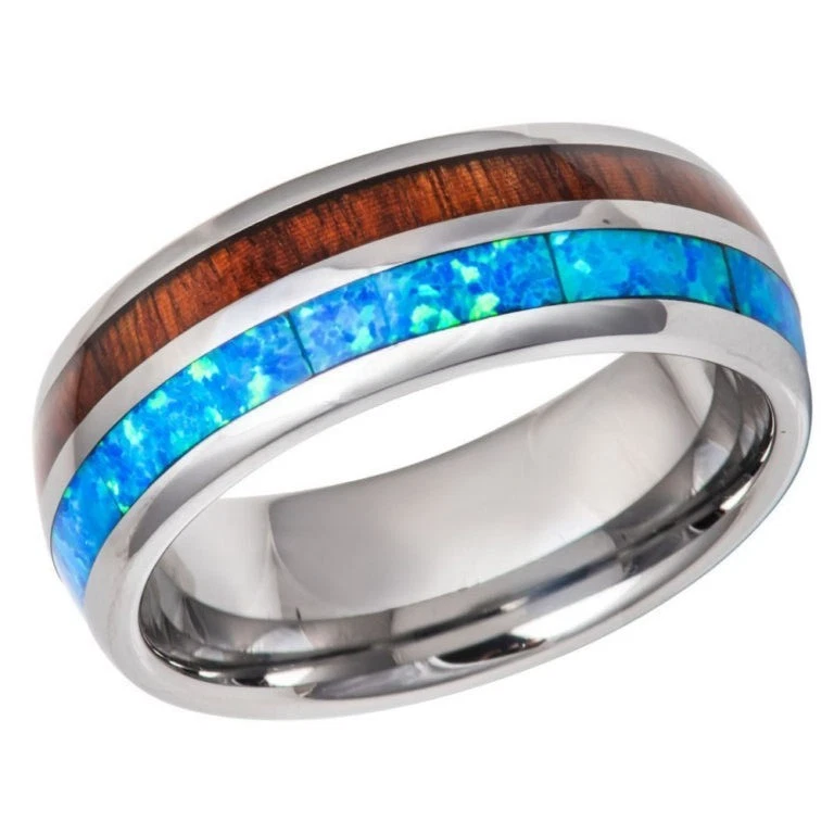 Anillo de tungsteno de 8 mm madera de koa e incrustación de ópalo azul abovedado ajuste cómodo alianza de boda Foto 2 de 3