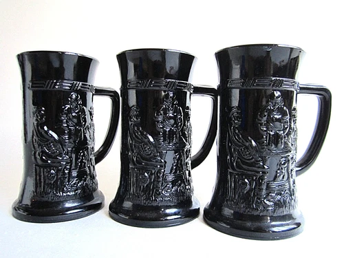 3 Vintage Tiara Exclusive Black Glass Beer Mugs PERFECT!
