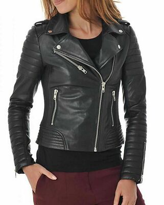 Women's Genuine Lambskin Soft Real Leather Slim fit Black Biker Moto Jacket Coat