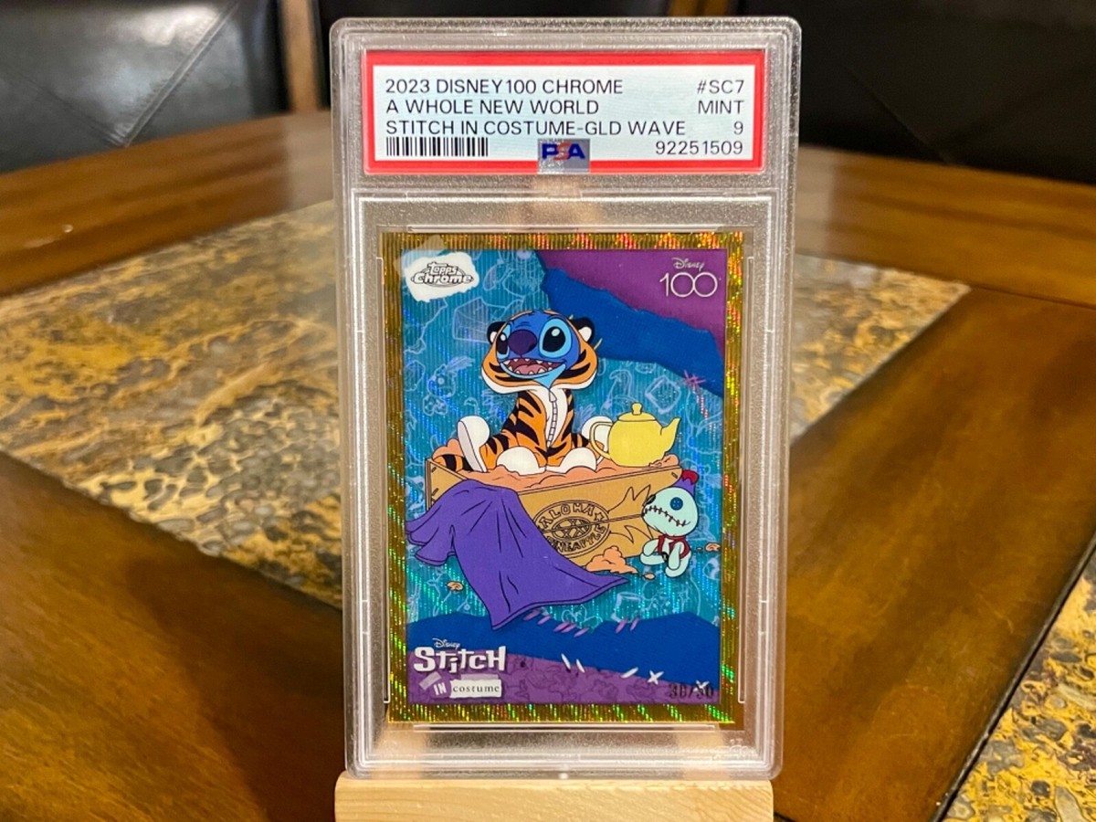 2023 TOPPS DISNEY CHROME 100 STITCH #SC7 GOLD REFRACTOR 38/50 PSA