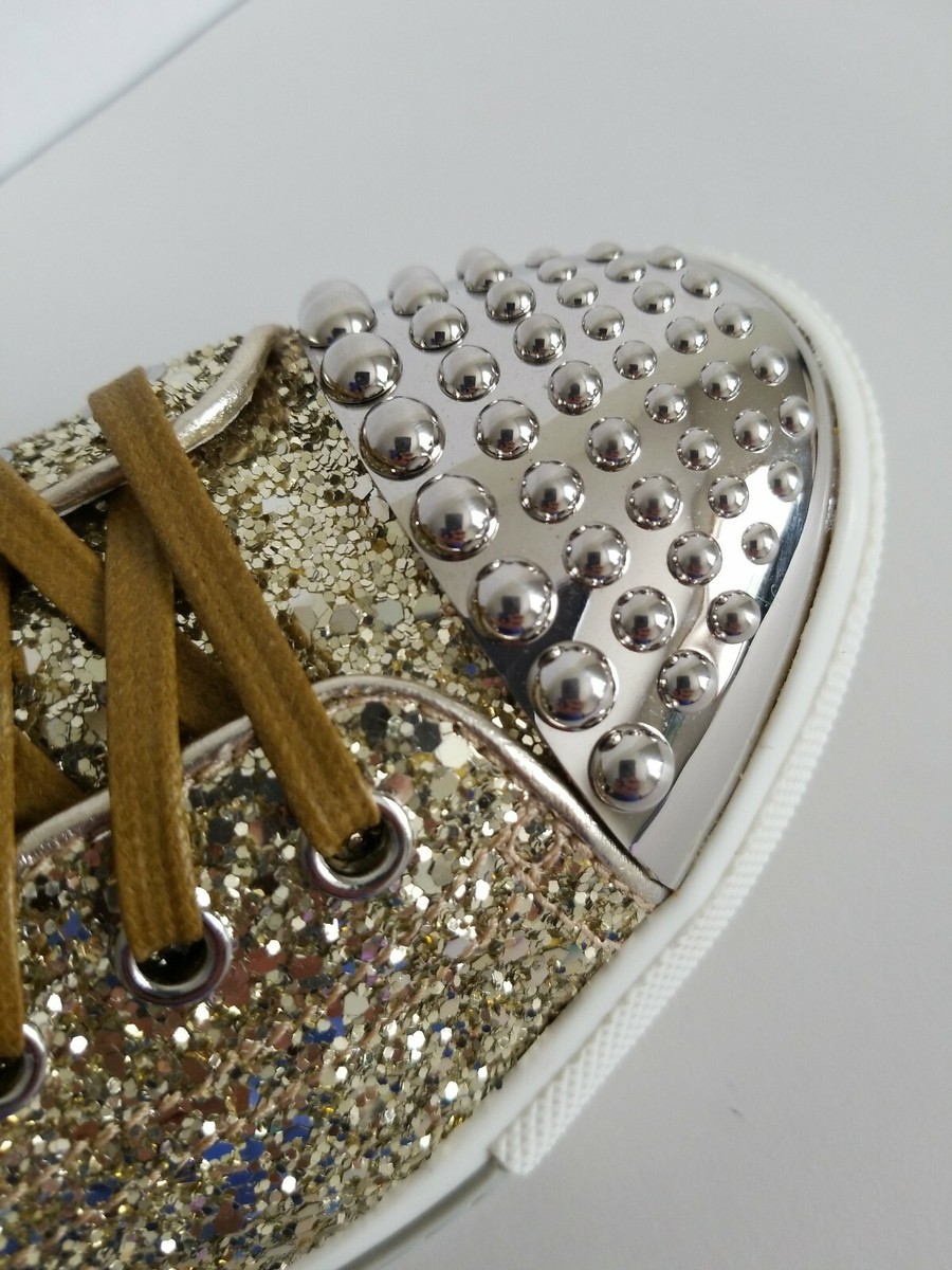 MIU MIU AMAZING GOLD GLITTER HIGH TOP METAL CAP TOE SNEAKERS EU 40