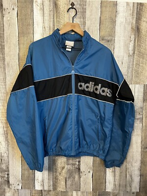 Vintage 80s Adidas Windbreaker Jacket Full Zip Hooded Blue Medium