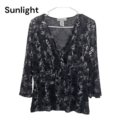 #ad Vintage Y2k Nine West Black Silver Floral Velvet Stretch Blouse SZ Large $29.99