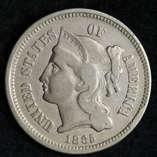 1865 Three Cent Nickel Piece VF Rim Cud E193 JCA