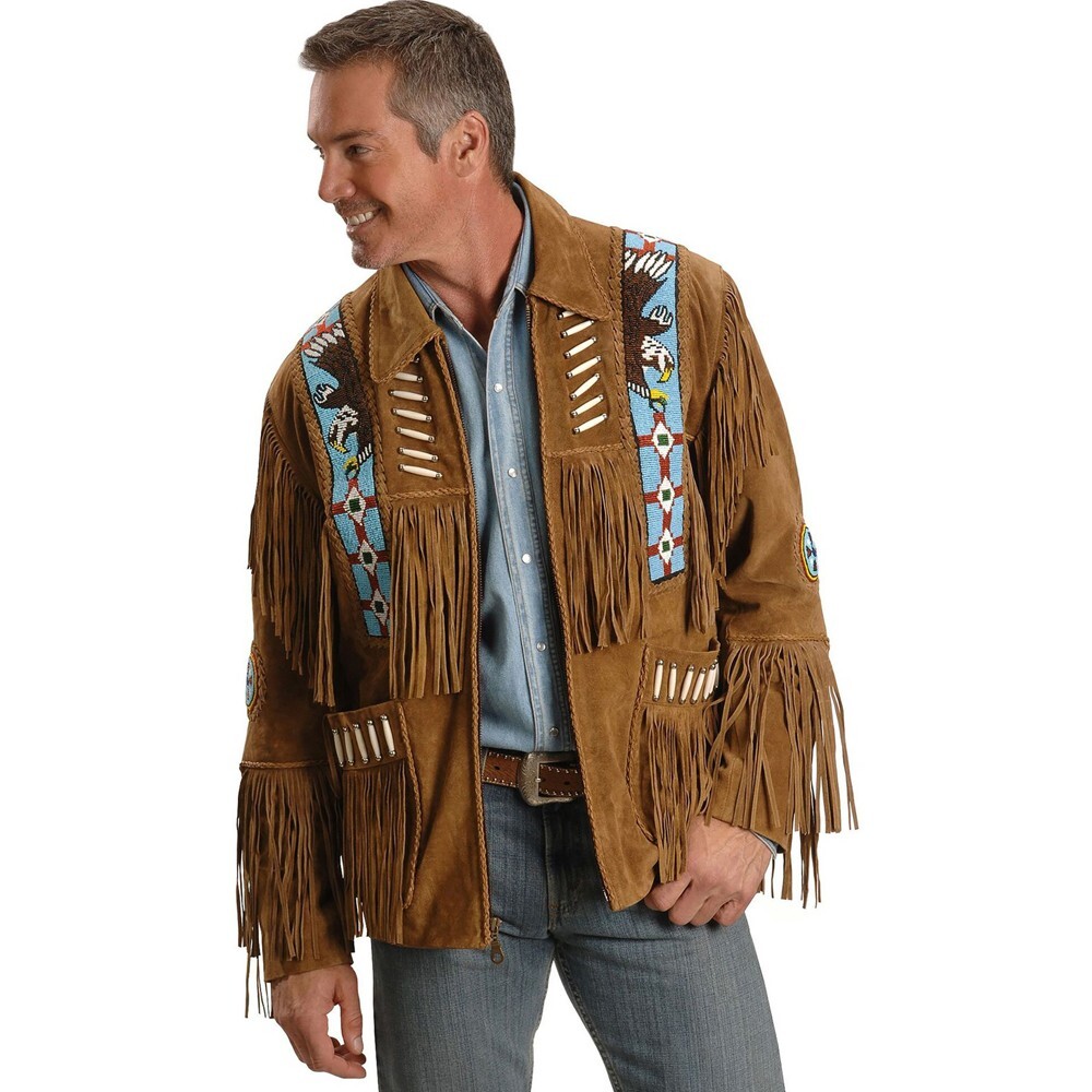 Chaqueta de cuero real de vaquero nativo americano occidental con flecos de águila para hombre