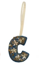 Creative Co-Op Monogram Initial Blue Velvet Beaded Ornament Letter "C" 3 1/2"H