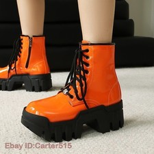 Women's Platform Mid Block Heels Lace Up Knight Ankle Boots Shiny Leather Shoes