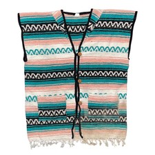 Vintage Mexican Blanket Vest Poncho Handwoven Fringe Chopper Wool Boho Western