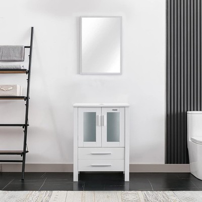24'' White Bathroom Vanity Set Cabinet Glass Ceramic Vessel Sink No Mirror