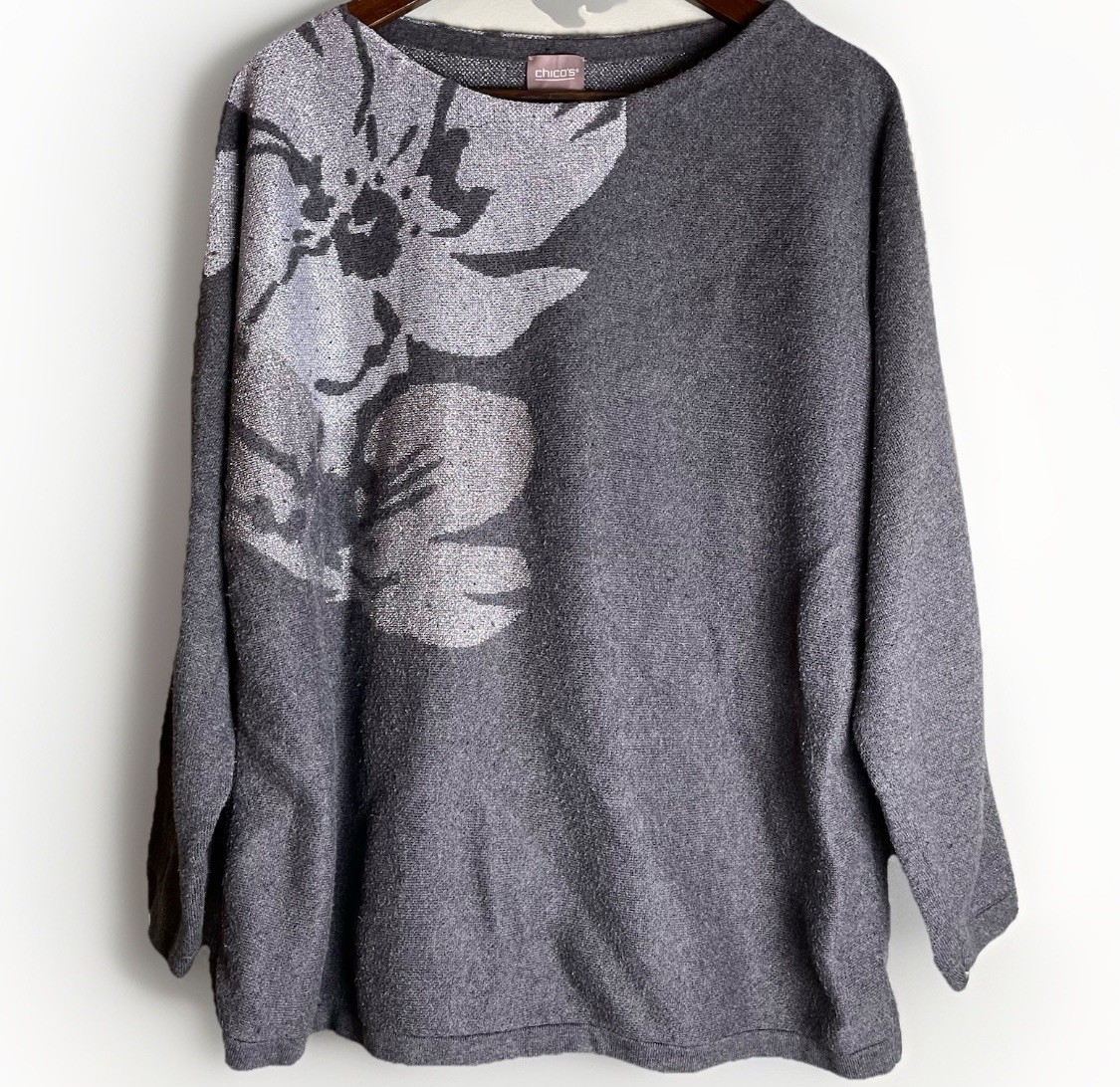 Rare! Chico's Sweater Size 3 US XL Floral Sparkle Shimmer Pullover Gray Silver
