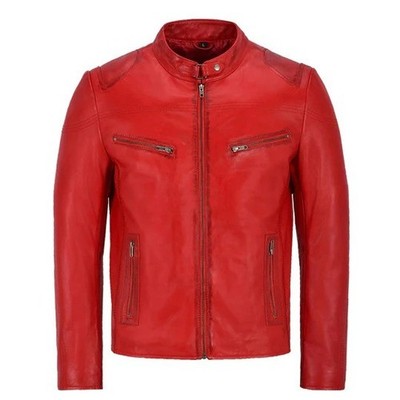 MENS GENUINE RED LEATHER JACKET SLIM FIT REAL CAFE RACER BIKER NEW VINTAGE STYLE
