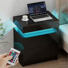 LED Bedside Table 2 Drawers Cabinet Charging Station Nightstand Storage Black