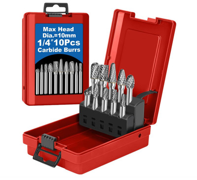 10Pcs Carbide Burr Set 1/4 Shank w/Box Max Head Dia 10mm Die Grinder Bits Rotary