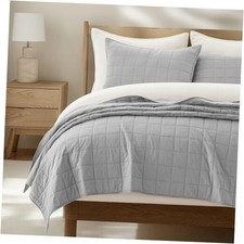 100 Cotton Box Stitch Quilt Bedding Set King Size King 108  x 96   Fog Gray