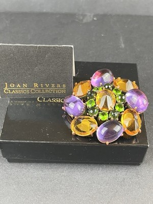 John Rivers Copper Tone Multicolor Crystal Floral Brooch 2.25  Signed Purple