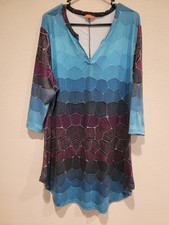 Simply Aster Women's 2X Geometric Shirt Dress. Teal And Purple. 3/4 Sleeve.
