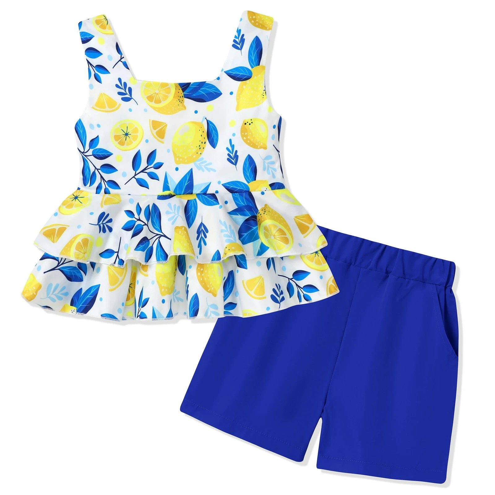 Girl Clothes Summer Outfits, Sleeveless Ruffle Hem Tank Top + Shorts 2Pcs Cut...