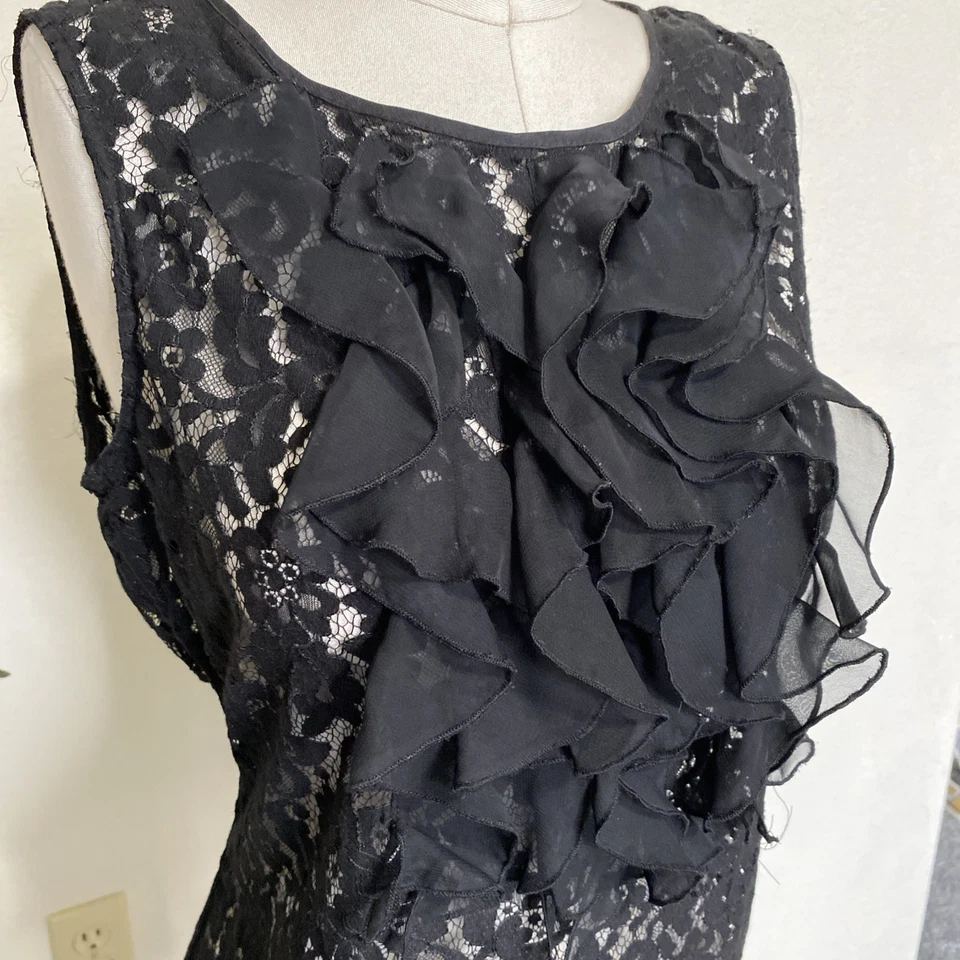 ECI NY Sheer Floral Black Lace Top Sz M 10 Sleeveless Ruffle Victorian Romantic - Image 2 of 4
