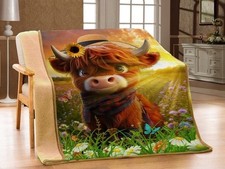 Highland Cow Calf Cattle Sherpa Plush Throw Gift Blanket Art New Daisy Sunshine