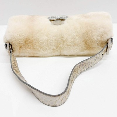 FENDI Baguette Pearl White Rabbit Fur with Python Embossed Leather