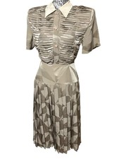 Vintage George Gross Silk Pleated Shirt Skirt Set Size U.S. 8 Women Beige