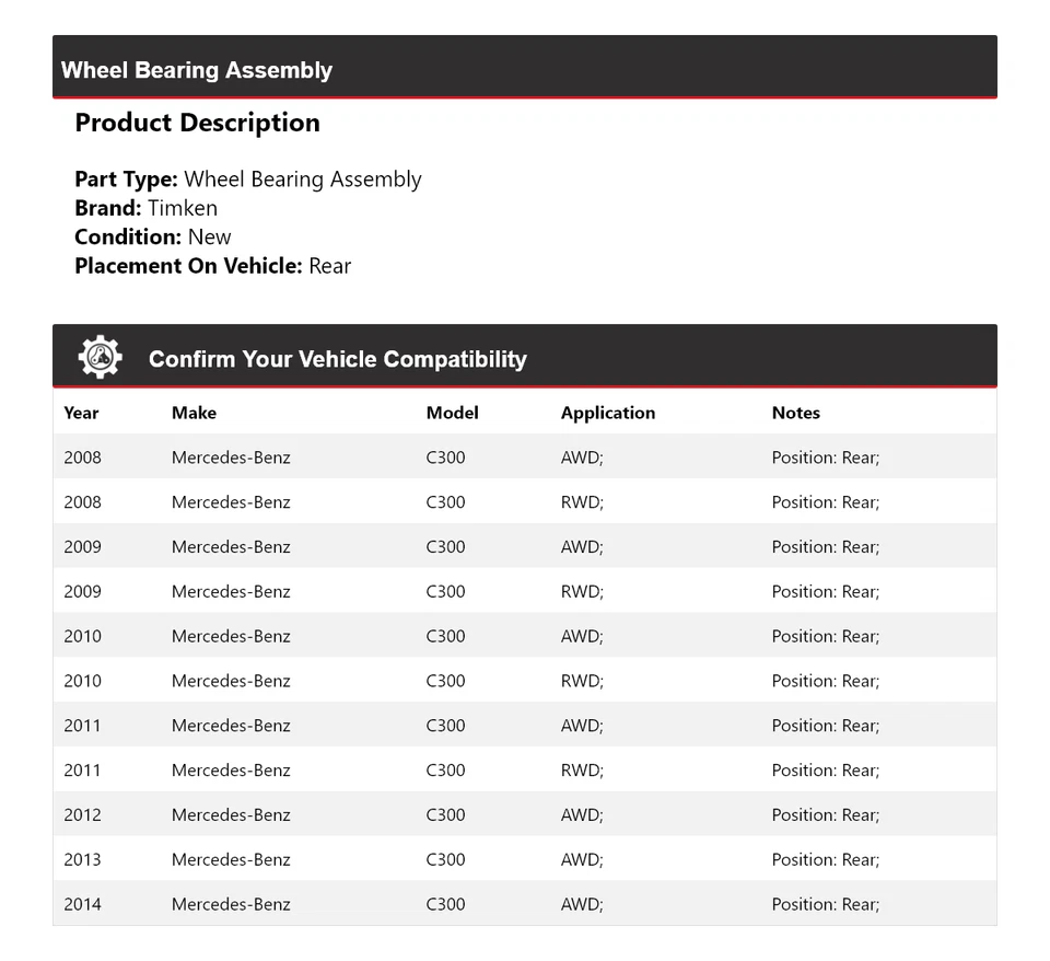 Conjunto de cojinete de rueda trasero Timken 2009 2010 para Mercedes-Benz C300 2008-2014 Foto 2 de 4