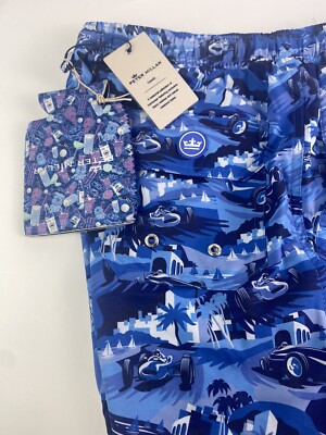 NWT Peter Millar Seaside Monaco Madness ATL Blue w/Koozie Swim Trunks XXL $98