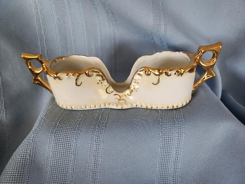 Antique Spoon Rest / Holder with Gold Trim, Double Handled - Picture 3 of 8